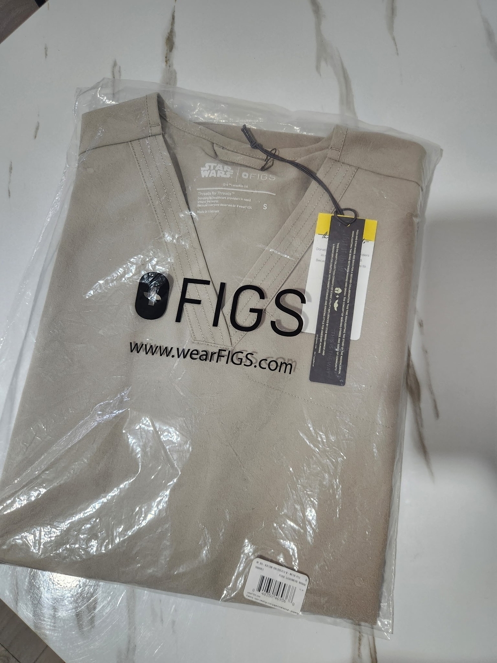 FIGS x Star Wars V-Neck Pleated Scrub Top in Taupe Beige